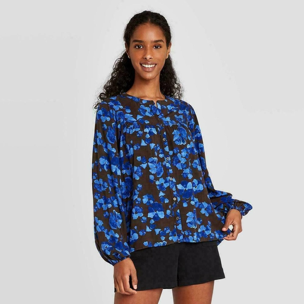 A New Day Women's Blue Black Floral Print Long Sleeve Button-Front Blouse XXL